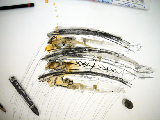 Drawing and collaging fish: drawing of Sprats (graphite, charcoal and watercolour) by Oliver aged 8