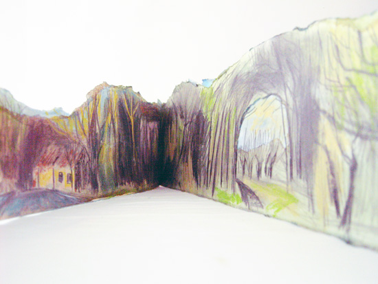 The Walk into Geddington Chase, from Wood Street, Part One’. Geddington Chase, Northamptonshire Cartridge Paper, Watercolour, Pencil, Chalk Pastels, Staples. 2013
