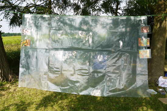 Suspended polythene ready for the collage