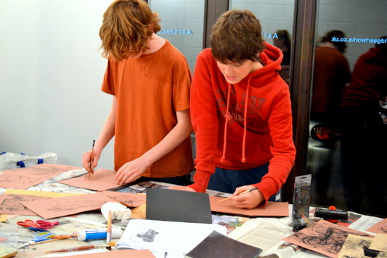 Boys work monoprinting with Sheila Ceccarelli at ArtWorks
