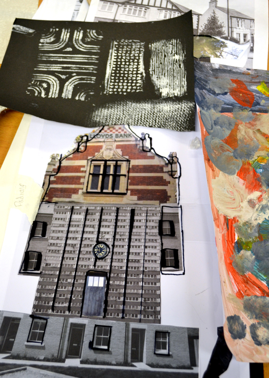 Artwork including collage of re-constructed buildings and textured paper from the morning's session