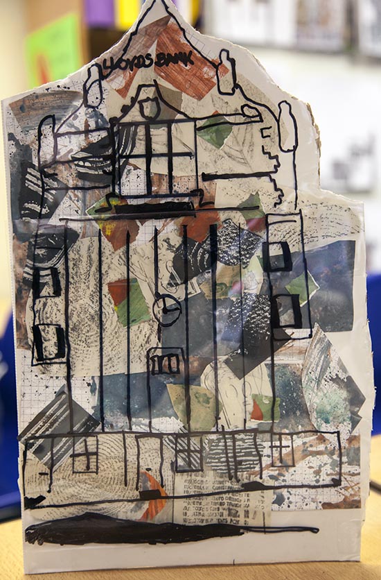 Building with collaged background made from textured paper in the morning session