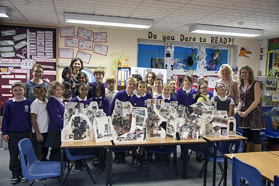 Pupils at Ridgefield Primary School with artists Rachael Causer and Jo Allen