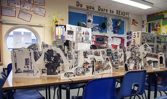 Townscape by pupils of Ridgefield Primary School with help from Jo Allen and Rachael Causer