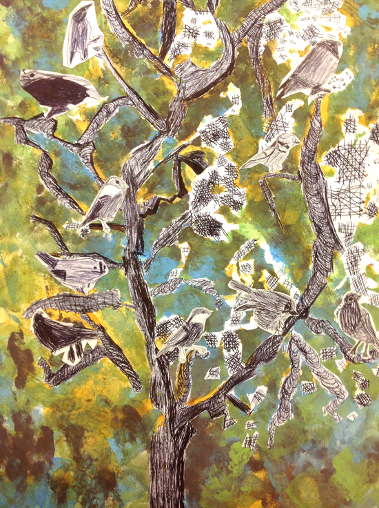 Birds in the Trees: Battyeford Primary School drawing and collage