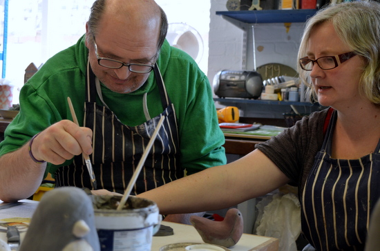 Abby talks to Mark about applying coloured slips to his Robin