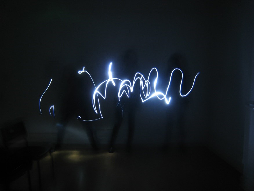 Group drawing relying on muscle memory to recreate shapes using led pens Sara Dudman