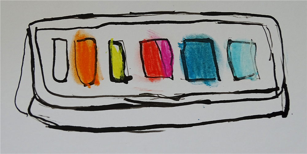Using ink and quill to draw a paint palette, with pastel colour