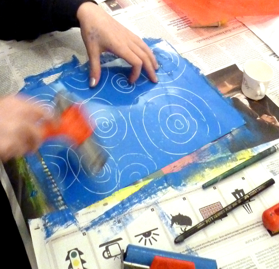 Using monoprints to free up the drawing process. Simple process using acetate, printing ink, rollers. Pupils draw on top of the acetate and the pressure transfers the "print" onto the paper below. Pupils can experiement with layering drawings and varying the presuure of their mark-making. Monoprinting is an inuitive, freeing process which generates lots of experiemental work. Suitable for all year groups.