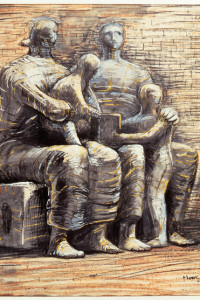 Family Group 1944 HMF 2237a pencil, wax crayon, coloured crayon, watercolour wash, pen and ink 500 x 420mm photo: The Henry Moore Foundation archive