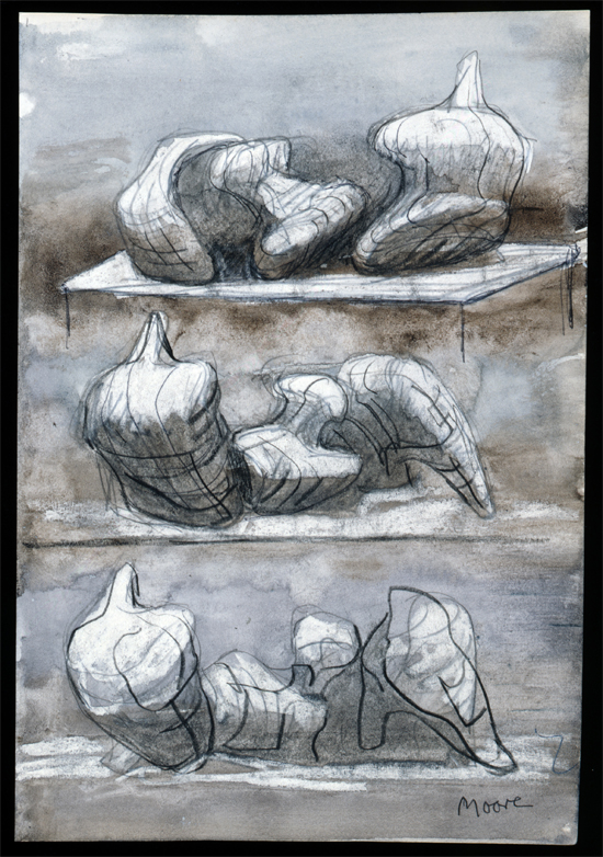 Three Reclining Figures 1975 HMF 75(8) watercolour wash, charcoal, chalk, gouache on blotting paper 263 x 217mm photo: The Henry Moore Foundation archive, Michel Muller 