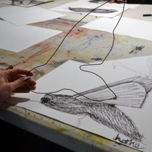 Lottie makes her wire 'drawing' inspired by her continuous line drawing of a moth