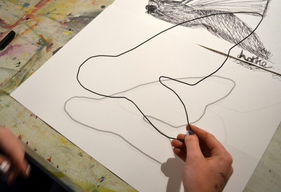 Students use modelling wire to ‘draw’ an insect from their first drawings in black pen. The purpose of this exercise was to help them see and draw form and to think about the quality of line achievable in black pen. It was also an exercise in simple abstraction or simplification of subject matter.