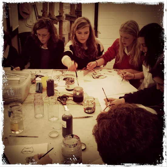 Drawing with Indian Ink: Teenagers from AccessArt's Experimental Drawing Class doing ink and nib with Aurora Cacciapuoti