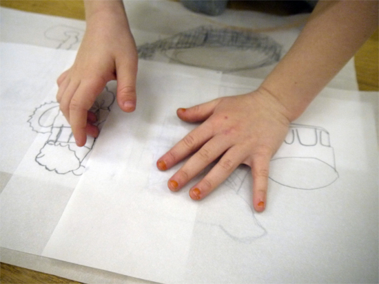 Using tracing paper to make a layered, communal, drawing of a glass still life. Encourages children to think about composition as well as observation.