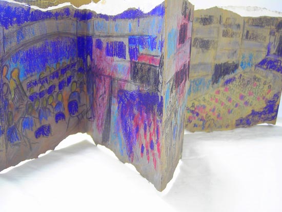 Malcolm Arnold Concertina Sketchbook Washing Powder Box, Household Emulsion, Glue, Oil Pastel, Acrylic Paint, Pencil Work in Progress 2012—2013
