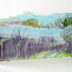The Walk into Geddington Chase, from Wood Street, Part One’. Geddington Chase, Northamptonshire Cartridge Paper, Watercolour, Pencil, Chalk Pastels, Staples. 2013