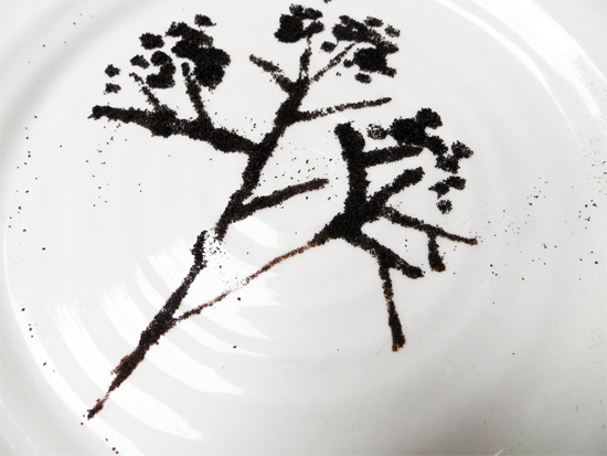 By Susan Moubayed, Tea leaf drawing made by painting with water and sprinkling tea on a plate By Susan Moubayed, Tea leaf drawing made by painting with water on a plate and sprinkling tea on a plate