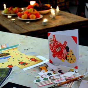 Teenagers, from AccessArt’s Experimental Drawing Class, explored building a layered drawing of a winter still life, during a one and a quarter hour session, on a dark, December evening.