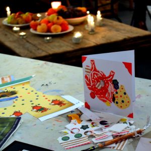 Teenagers, from AccessArt’s Experimental Drawing Class, explored building a layered drawing of a winter still life, during a one and a quarter hour session, on a dark, December evening.