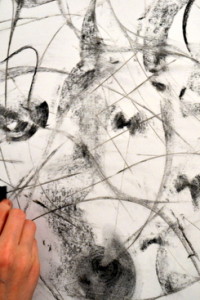 Kitty works in charcoal with invented forms and spontaneous mark making