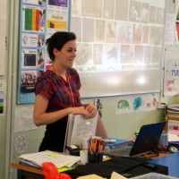 Susie introduces students at Swavesey Village College to her work and sculpture