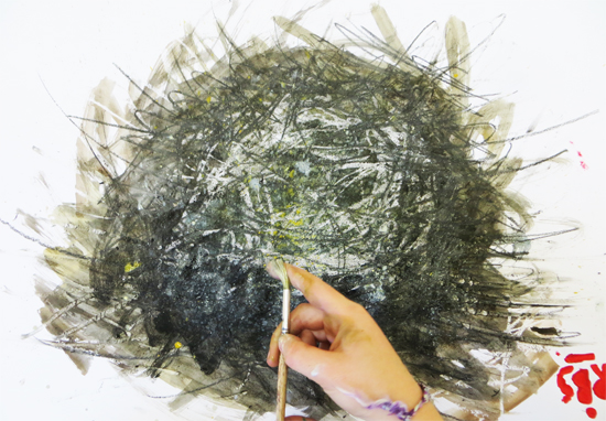 Flicking paint over graphite, wax resist and watercolour nest