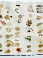 A palette drawn on Khadi paper. (a hand made indian paper that is really tough and flexible). Sea weed, litter, natural earths, clays and sands from the site.