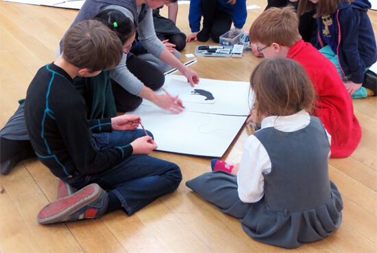 Using the grid method, combined with seeing negative and positive shapes, to scale up a drawing