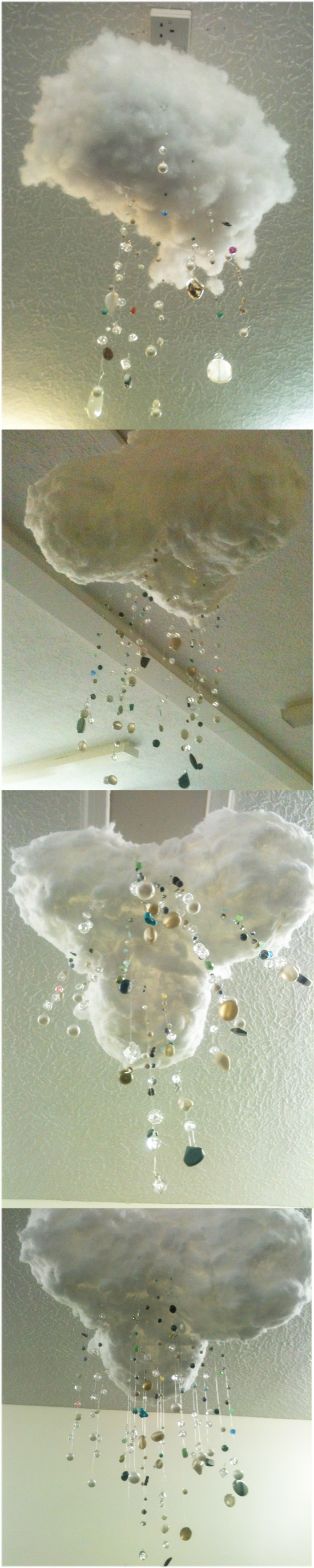 "Made by Y4 children at Downton Primary School in Wiltshire created with some of the beads we got through the Transformation Project. The topic for the term was weather, so we made some clouds using balloons, clingfilm, tissue paper and cotton wool, then made rain strands by threading the beads down knotted fishling line! We have hung them in the classroom, they look fantastic!"