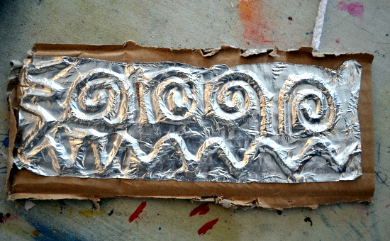 Colograph plate made with string, cardboard and sticky back Aluminium foil 