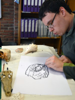 Learner at Red2Green drawing a skull on loan from University of Cambridge Museum of Zoology