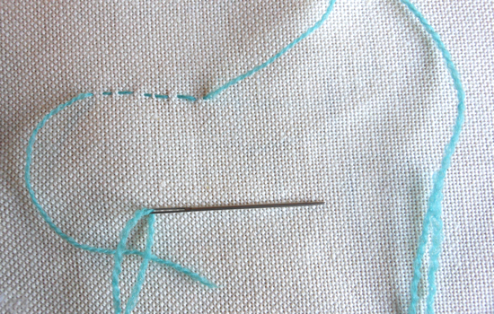 Beginning the first line of stitches - leave a tail of thread on the back of the fabric