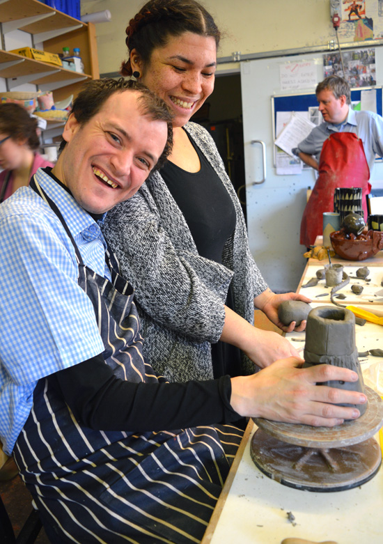 Artist led facilitation in a setting for adults with learning disabilities; Abi, Sarah and students at Rowan, Cambridge, show how they made clay birds using clay coiling techniques and with a plaster mould for the birds' bases.