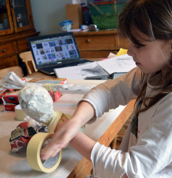 Portia started by making a basic form out of newspaper and wrapping masking tape around it to hold it in place