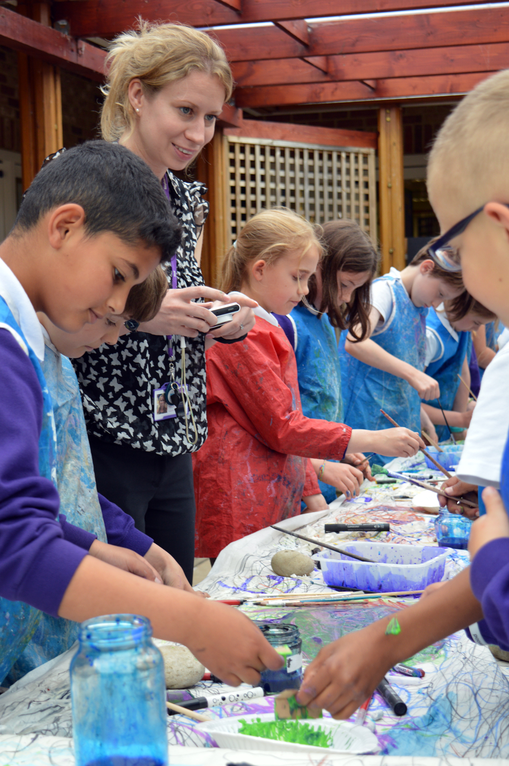 Then the real fun began! Pupils were given paint and coloured Indian ink and encouraged to respond to the existing marks on the paper with strong strokes