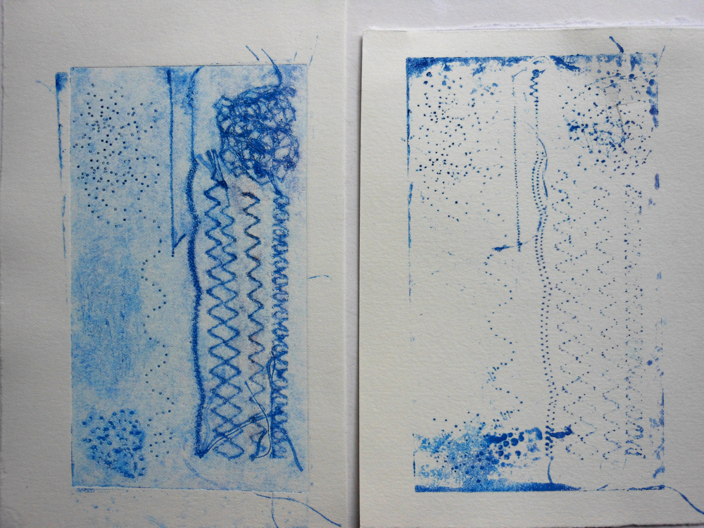 August Creative Challenge: Exploring mark making by stitching into card. Collograph print and ghost print by Andrea Butler