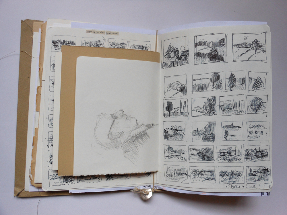 August Creative Challenge: Andrea Butler's elastic band sketchbook showing small drawings of the landscape in biro, made on a train journey