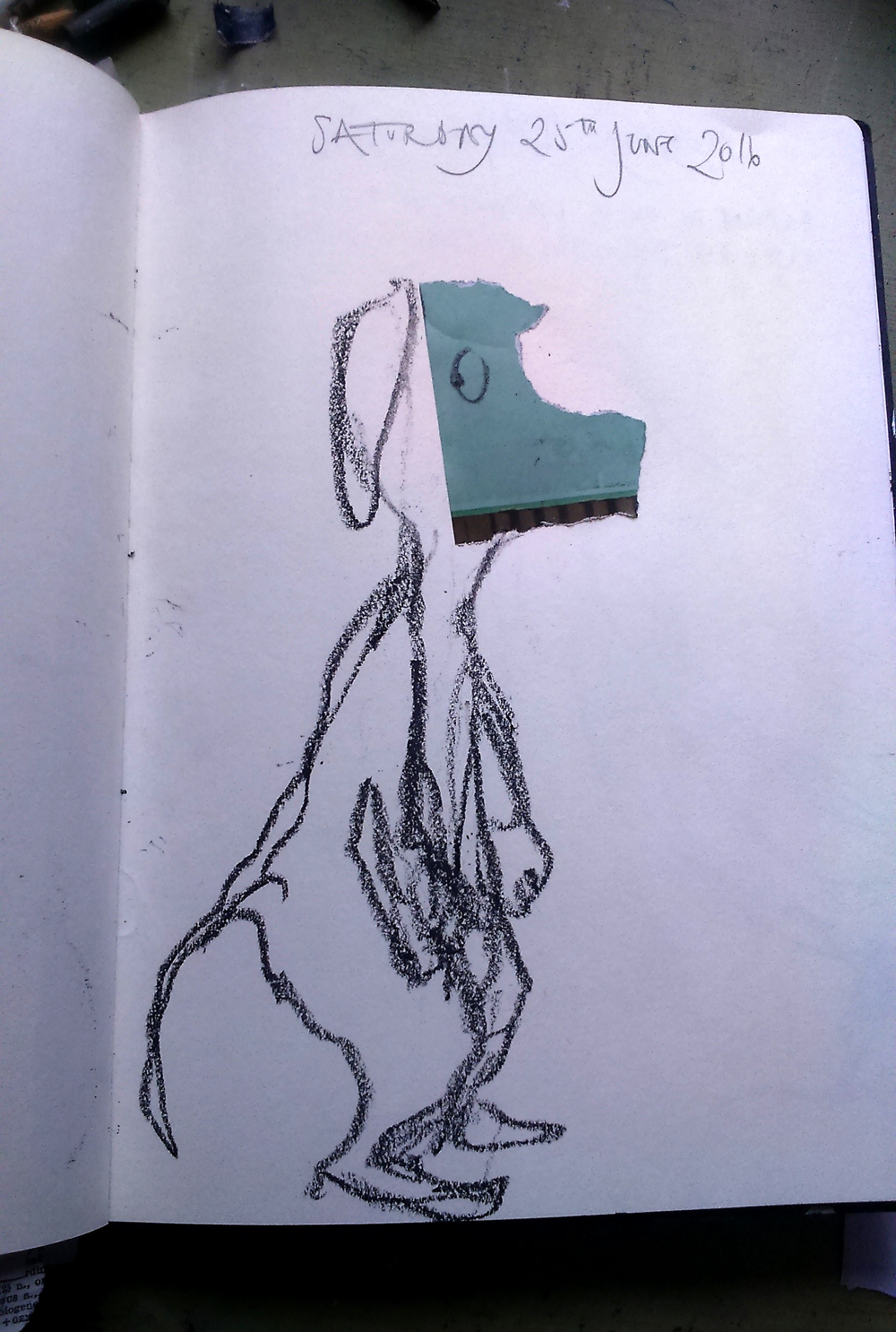 August Creative Challenge: "Randomly torn piece of paper stuck down in a random place in my sketchbook, then started drawing randomly to see where it would take me!" From Morag Thomson Merriman’s daily visual diary 2016