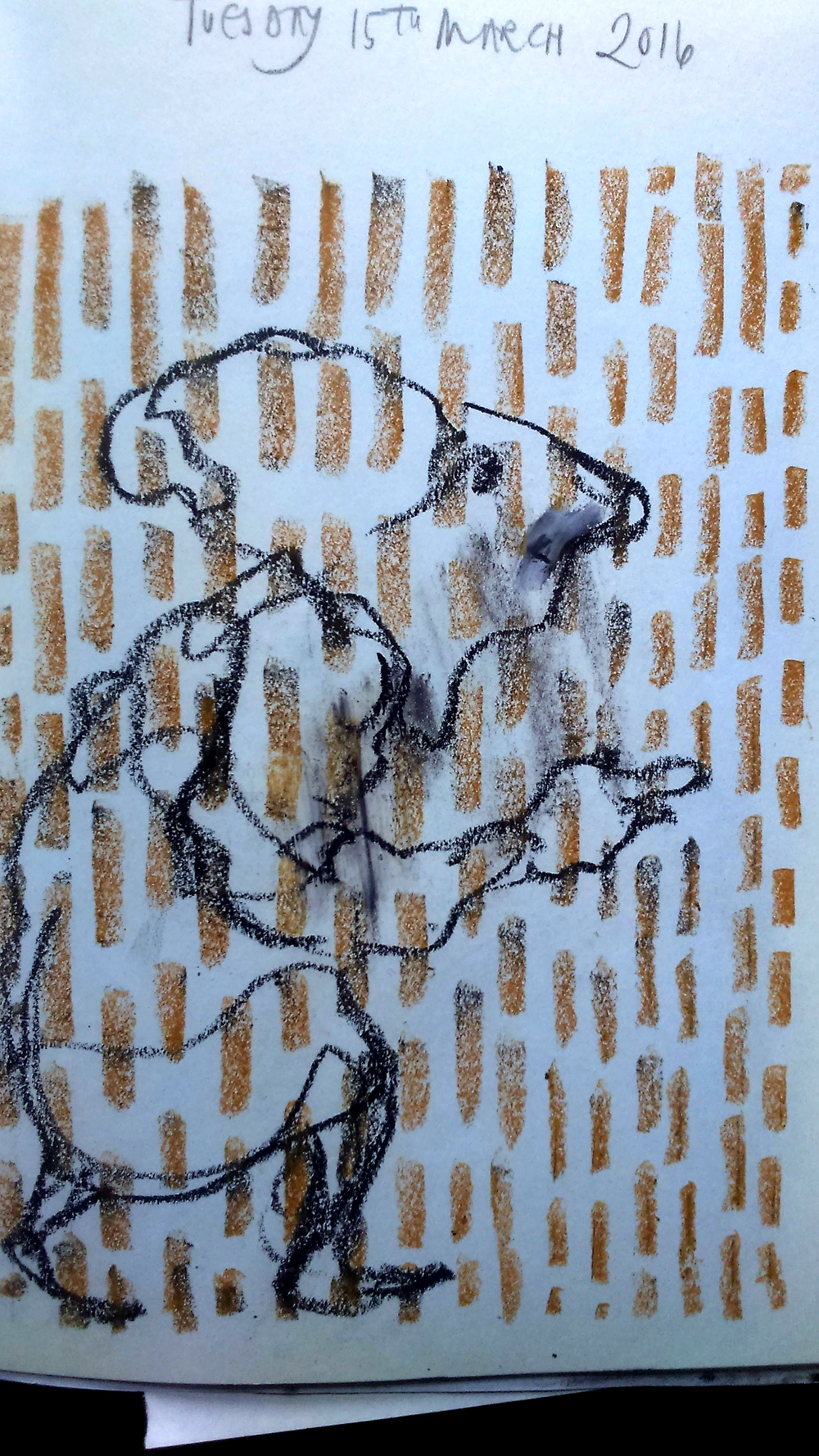 August Creative Challenge; "Random mark-making prior to making a drawing kills the fear of the blank white page, and adds drama and movement to your drawing." From Morag’s daily visual diary 2016