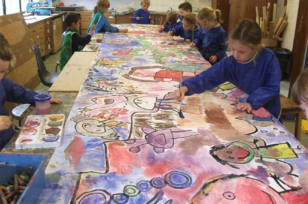 Year 1 Size 6-metres Collaborative Work. Ink and paint, inspired by their holiday memories.