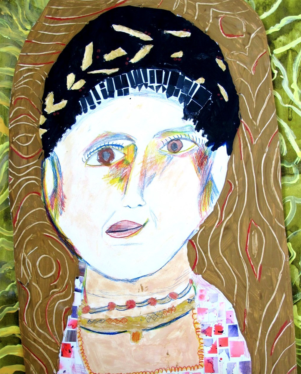 Year 4 Size-A2 Mixed media with paint, collage, oil pastel and coloured pencils. Self-portrait Inspired by Roman portraits on wood.