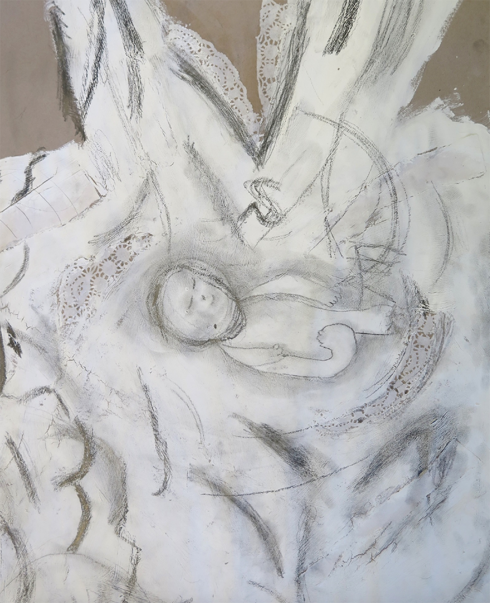 Year 5 Size-A1 Emulsion, collage and graphite, inspired by Gainsborough’s Mr and Mrs Andrews. Her dress with a drawing of a baby doll as we believed the unfinished area of the painting could have been planned for a baby.