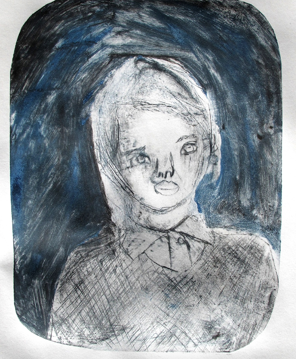 Year 5 Size- A4 Mock-etching (scratched card, inked and put through the printing press) Self Portrait. Inspired by Tracey Emin.