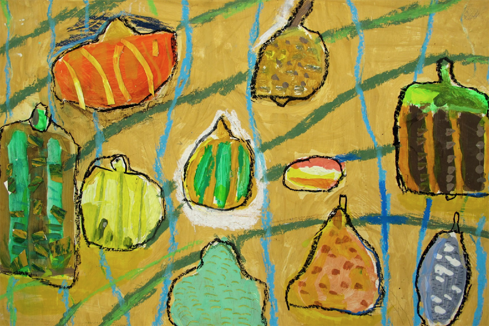 Year 4 Size-A2 Paint, oil pastel and painted-paper collage. Autumn Still-life painting with pumpkins and gourds