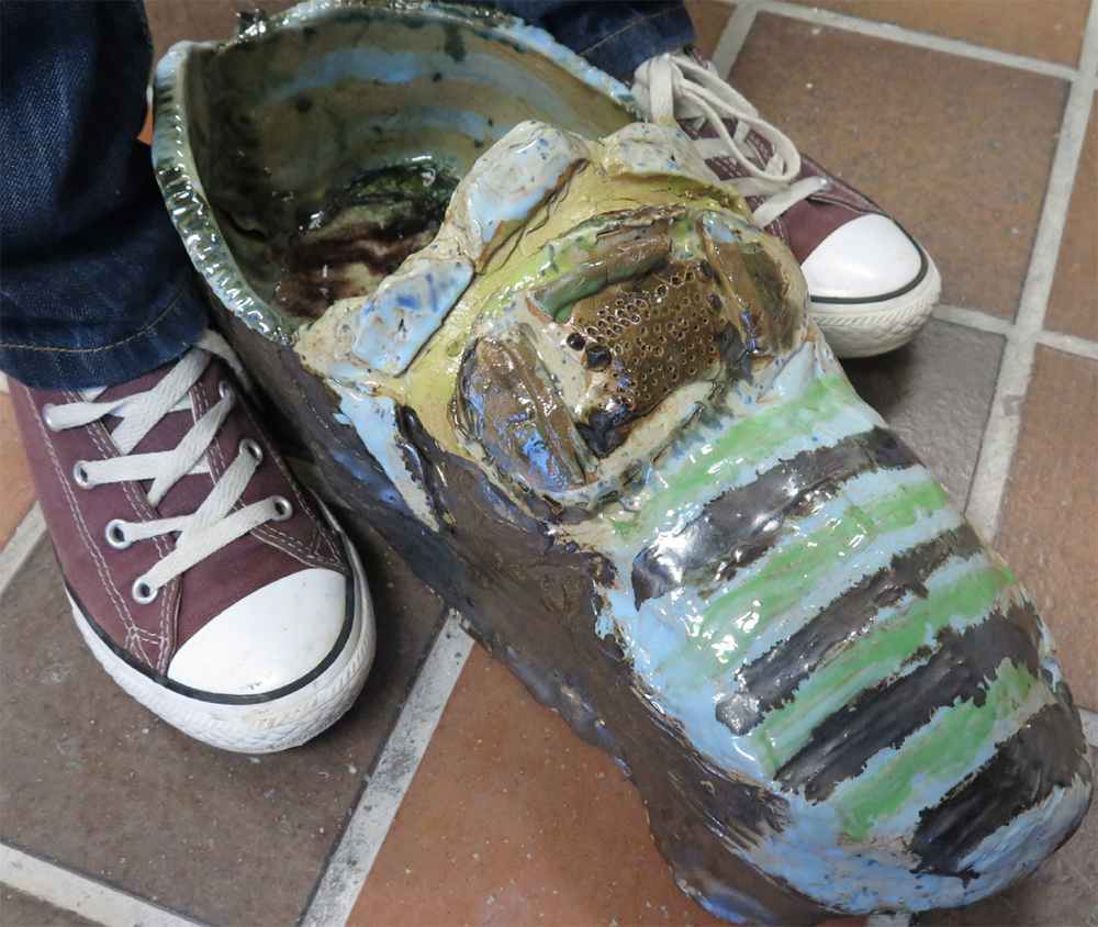 Year 5 Earthenware ceramics (with melted wine bottles inside) Tudor-style shoe with buckle inspired by drawings from a local shoe collection.