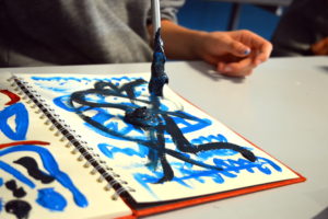 Students were given the opportunity to further explore expressive mark making as a tool for self-expression and a vehicle for communication.  [themify_button style="xlarge block" link="/arts-and-minds-asemic-writing-and-invented-text/" color="#78608e" text="#ffffff"]Read More[/themify_button]