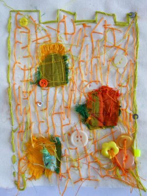 Andrea Butler explores approaching embroidery/stitching like the processes of making a collage or mark making: "hanks of wool and shapes cut from fabric can act as an equivalent to paint or coloured paper; stitches are very like the lines and marks you can create with felt tips, markers or coloured pencils."