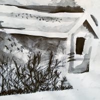 graphite sketch of shed
