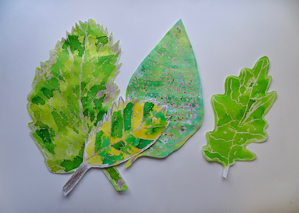 Wax resist leaves by pupils at Dent School, facilitated by Rosie James